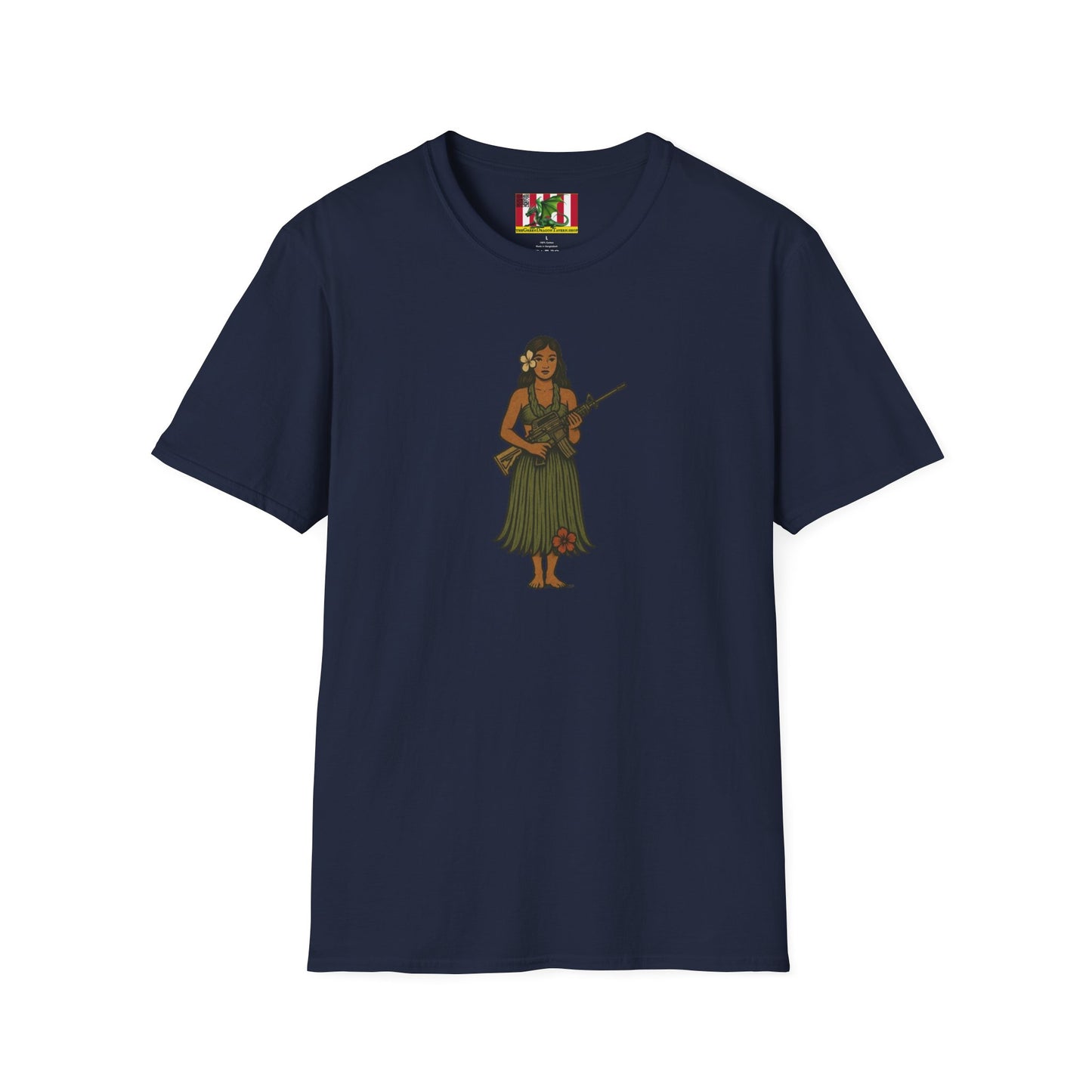 2-sided, Hula Girl Packin' Heat Dark colors Unisex T-Shirt by theGreenDragonTavern.shop