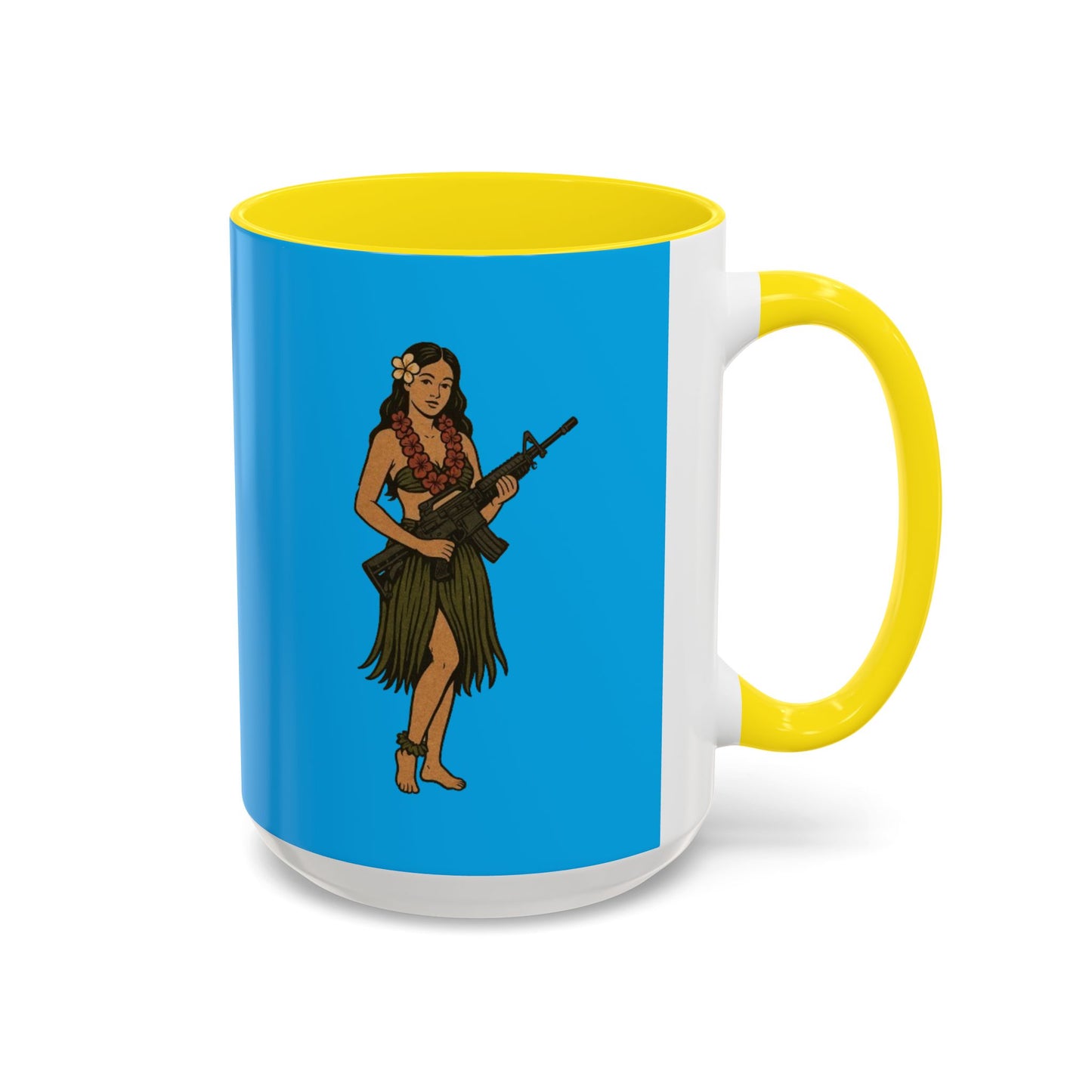 Hula Girl Packin' Heat Light Blue Accent Mug by theGreenDragonTavern.shop