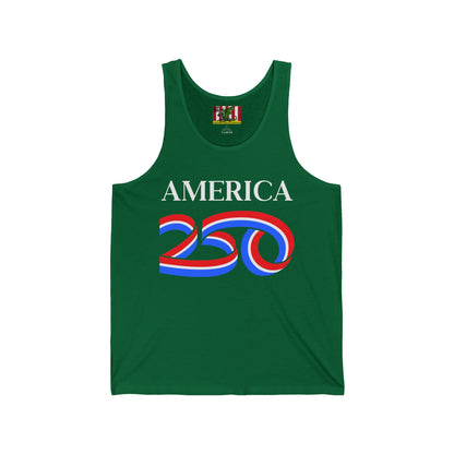 America 250 White font Unisex Jersey Tank Top by theGreenDragonTavern.shop