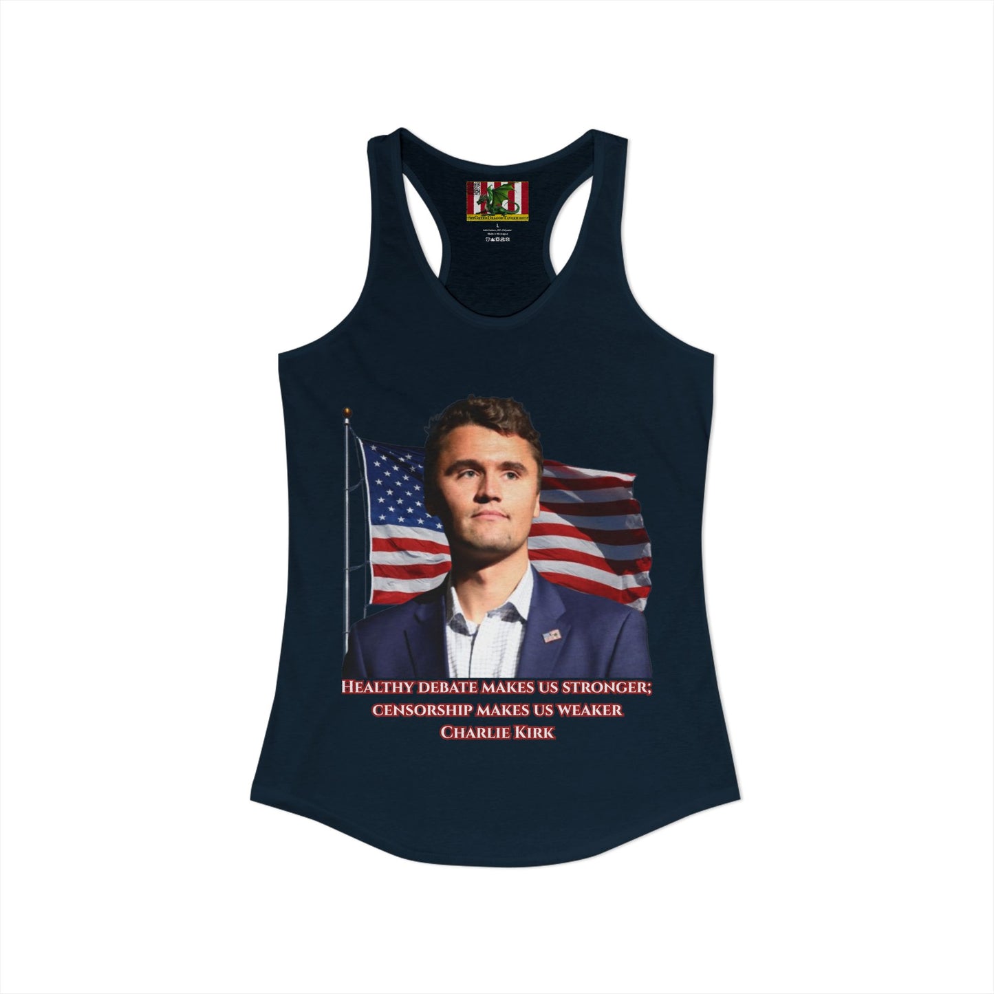 Charlie Kirk, Healthy Debate Women's Racerback Tank Top by theGreenDragonTavern.shop