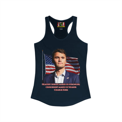 Charlie Kirk, Healthy Debate Women's Racerback Tank Top by theGreenDragonTavern.shop