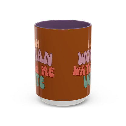 I Am Woman Watch Me Vote Brown Accent Mug by theGreenDragonTavern.shop