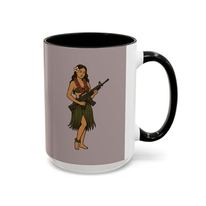 Hula Girl Packin' Heat Grey Accent Mug by theGreenDragonTavern.shop
