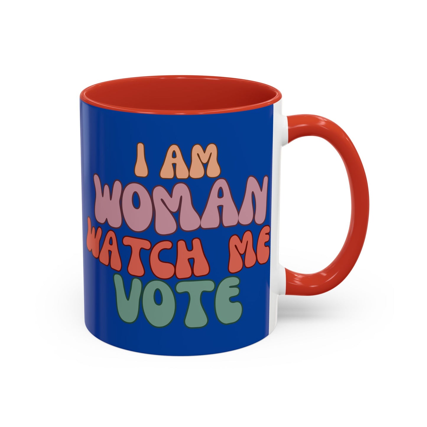 I Am Woman Watch Me Vote Dark Blue Accent Mug by theGreenDragonTavern.shop