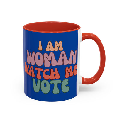 I Am Woman Watch Me Vote Dark Blue Accent Mug by theGreenDragonTavern.shop