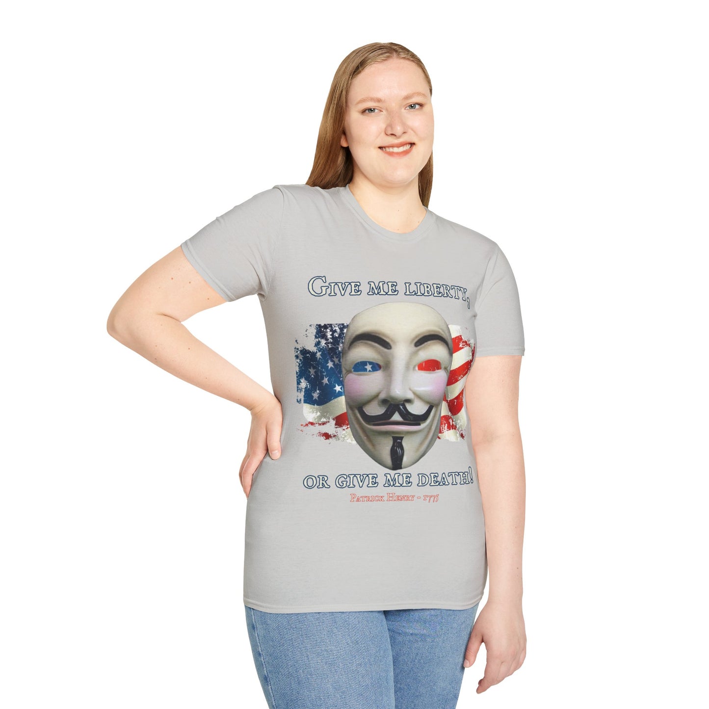 Vendetta, "Give me liberty, or give me death!" Light colors Unisex T-Shirt by theGreenDragonTavern.shop