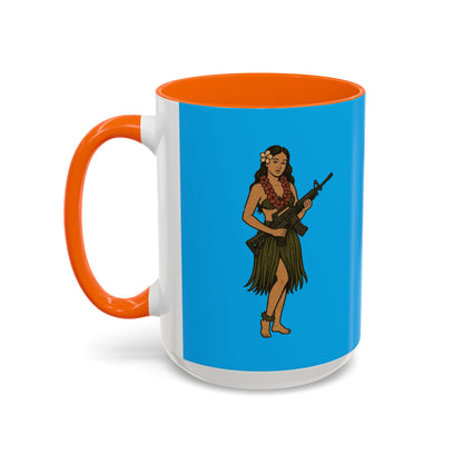 Hula Girl Packin' Heat Light Blue Accent Mug by theGreenDragonTavern.shop