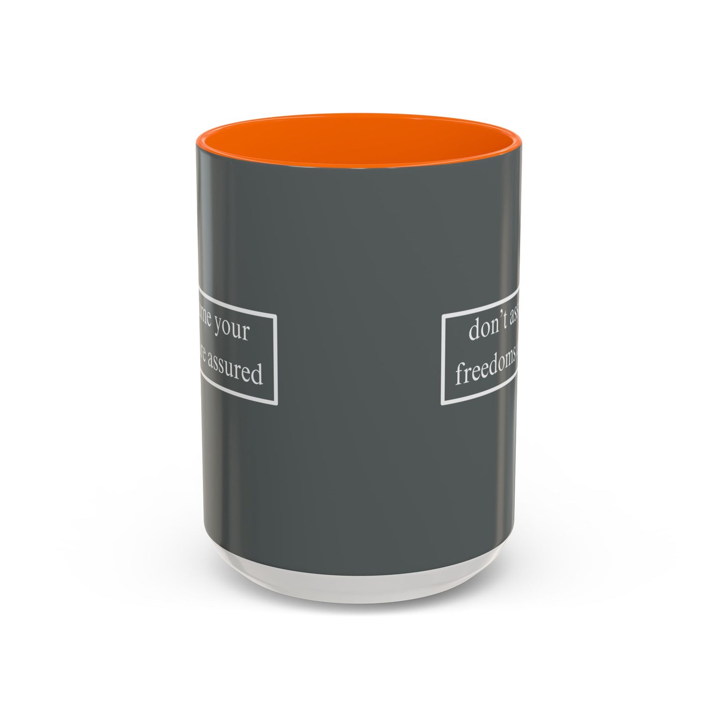 don't assume your freedoms are assured White font Grey Accent Mug by theGreenDragonTavern.shop