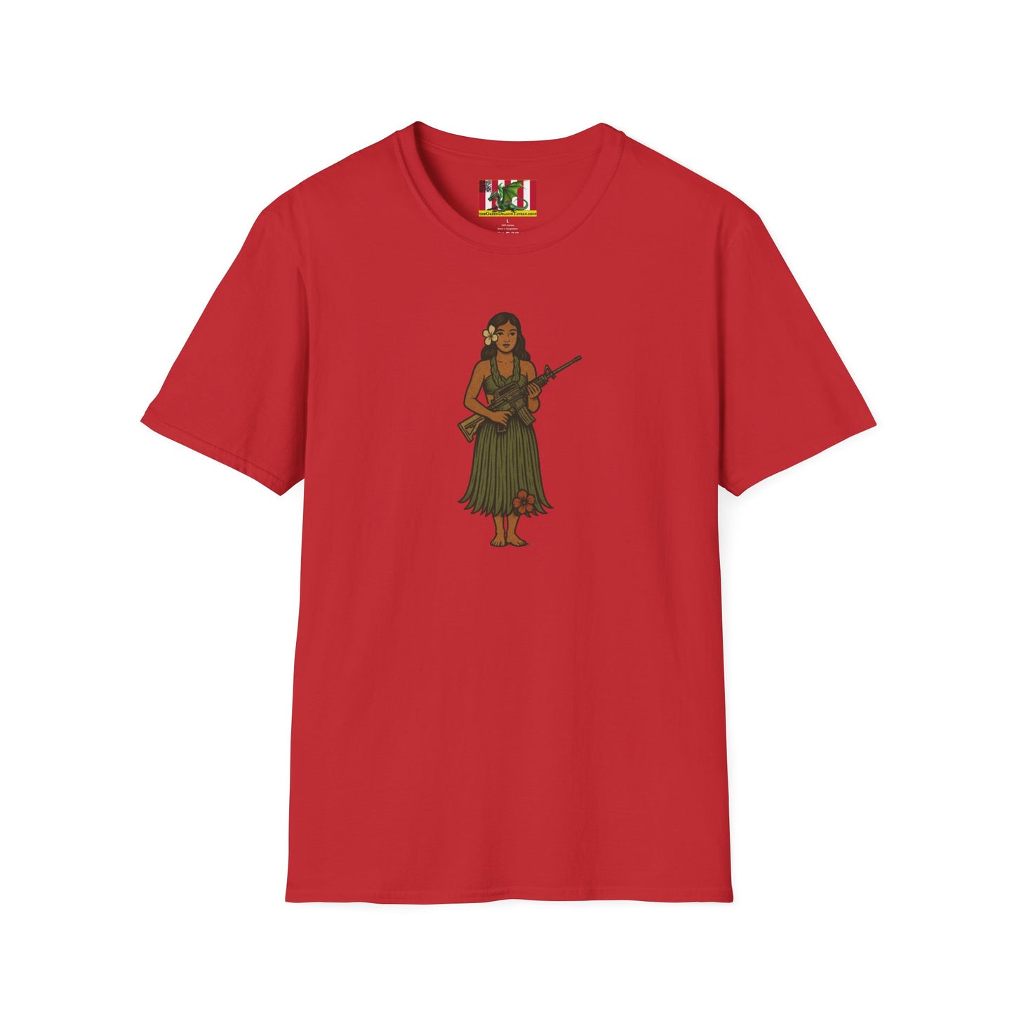 2-sided, Hula Girl Packin' Heat Light colors Unisex T-Shirt by theGreenDragonTavern.shop