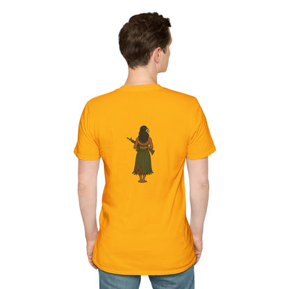 2-sided, Hula Girl Packin' Heat Light colors Unisex T-Shirt by theGreenDragonTavern.shop
