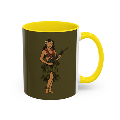 Hula Girl Packin' Heat Dark Green Accent Mug by theGreenDragonTavern.shop