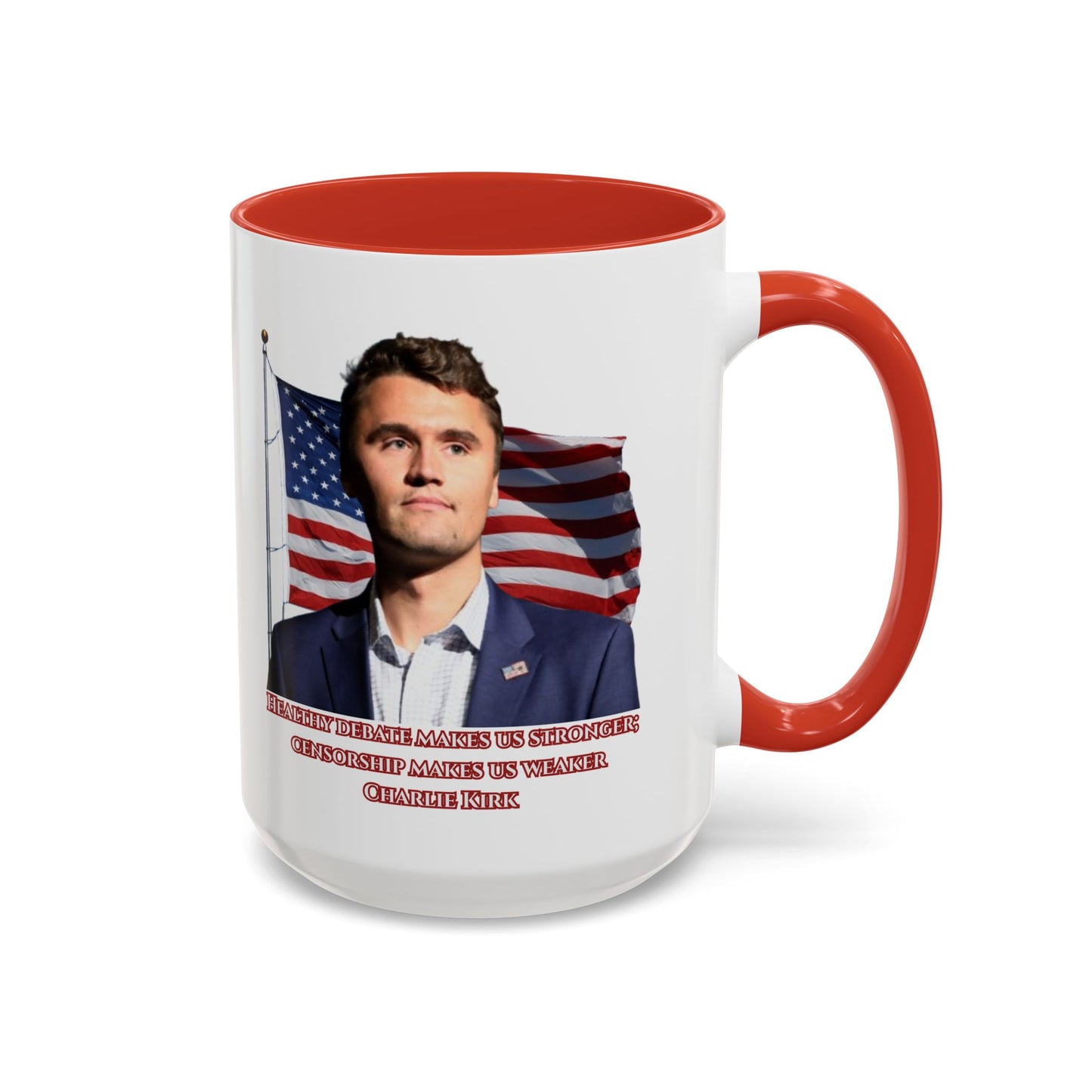 Charlie Kirk, Healthy Debate White Accent Mug by theGreenDragonTavern.shop