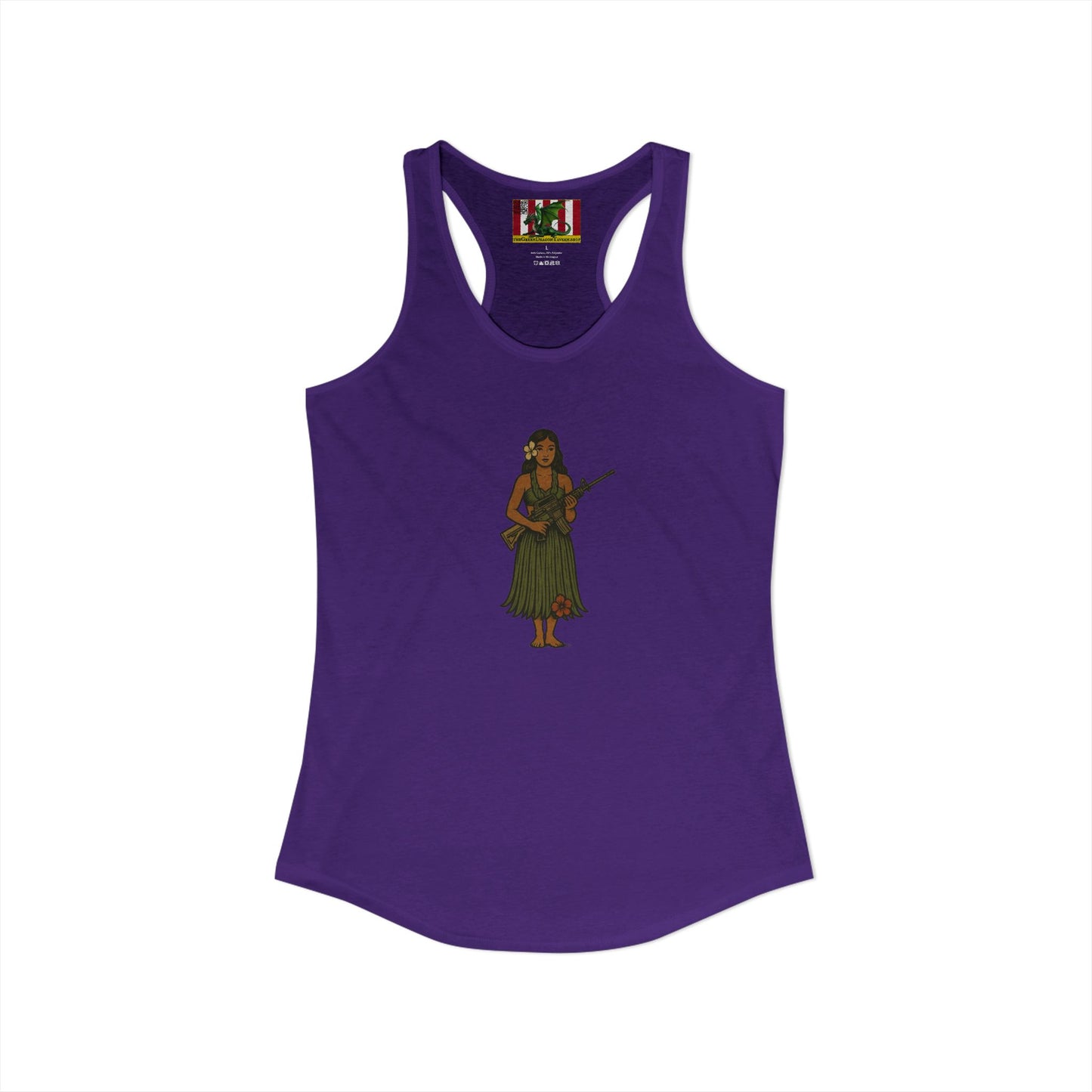 2-sided, Hula Girl Packin' Heat Women's Racerback Tank Top by theGreenDragonTavern.shop