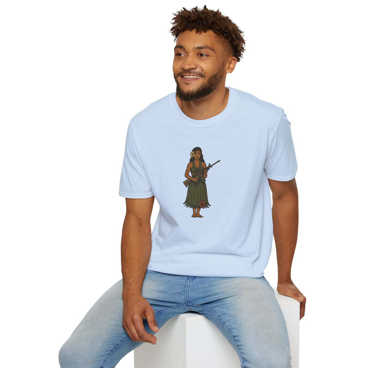 2-sided, Hula Girl Packin' Heat Light colors Unisex T-Shirt by theGreenDragonTavern.shop