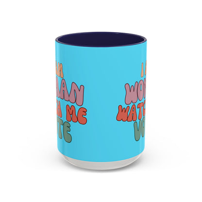 I Am Woman Watch Me Vote Light Blue Accent Mug by theGreenDragonTavern.shop