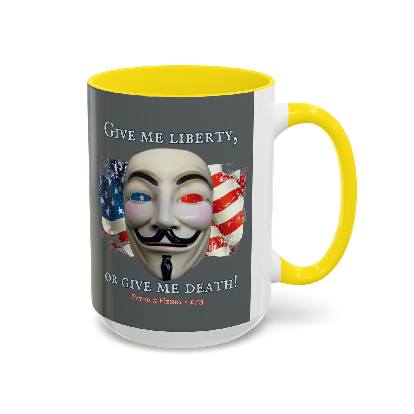 Vendetta, "Give me liberty, or give me death!" Grey Accent Mug by theGreenDragonTavern.shop