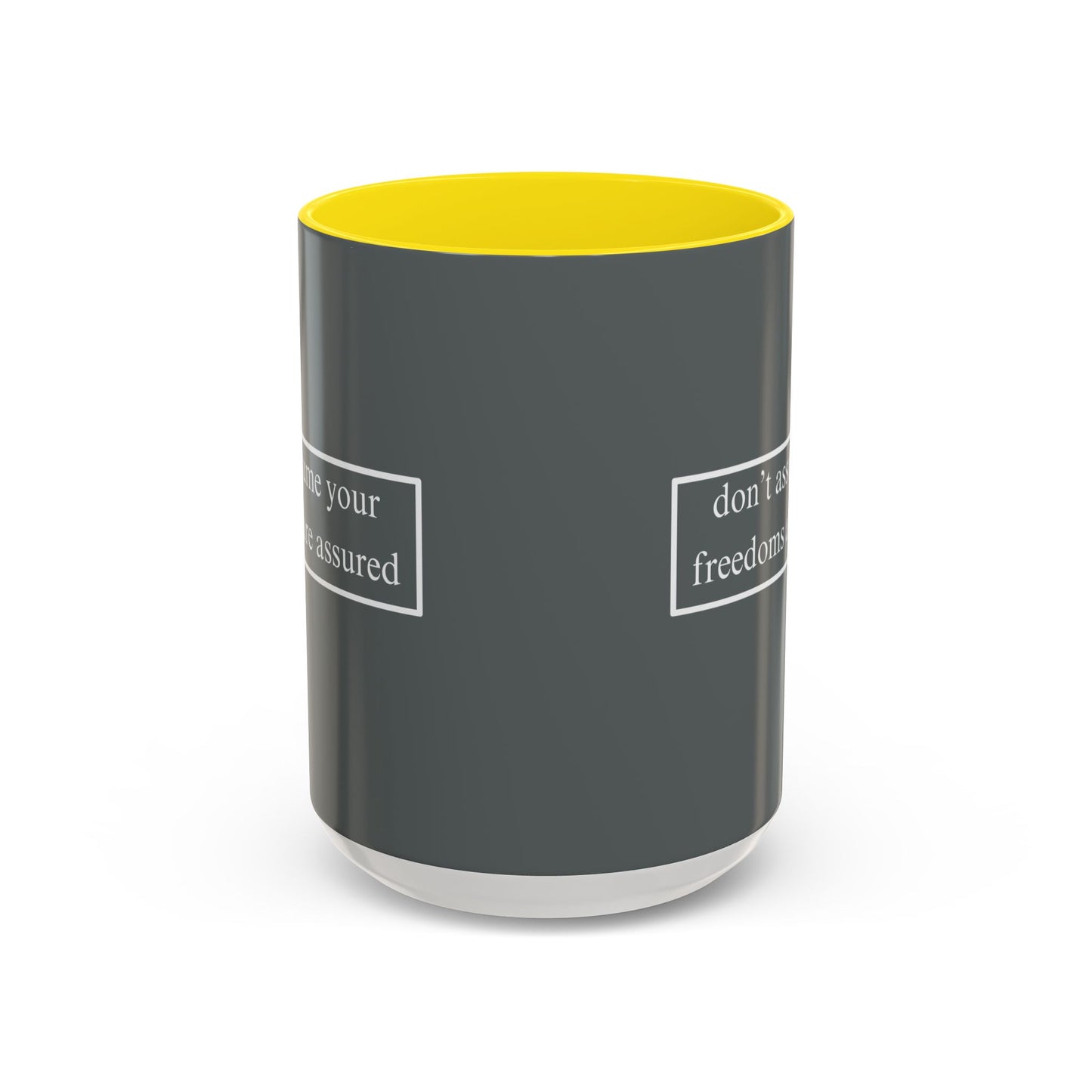 don't assume your freedoms are assured White font Grey Accent Mug by theGreenDragonTavern.shop