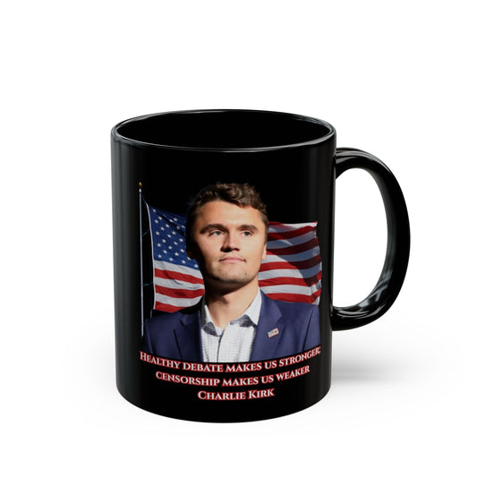 Charlie Kirk, Healthy Debate Black Mug by theGreenDragonTavern.shop
