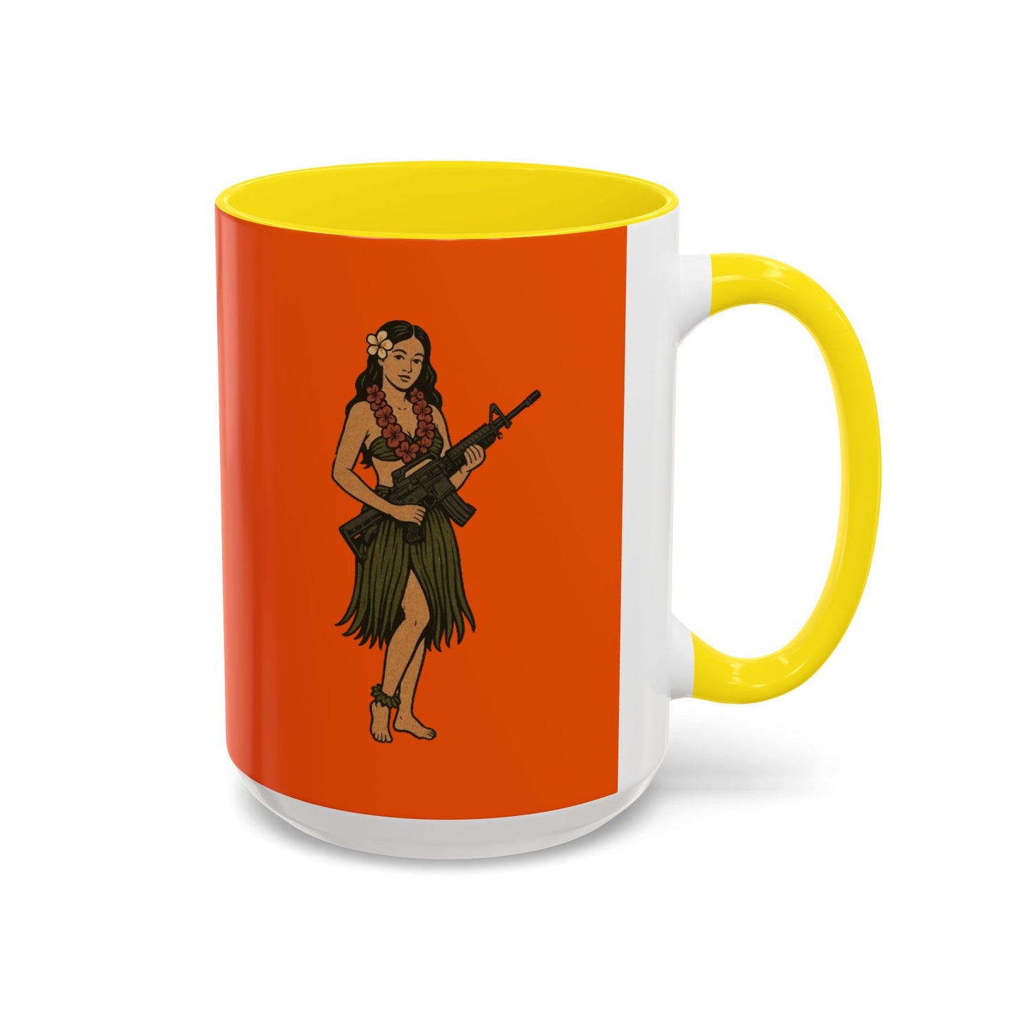 Hula Girl Packin' Heat Orange Accent Mug by theGreenDragonTavern.shop
