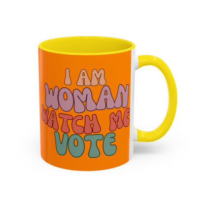 I Am Woman Watch Me Vote Orange Accent Mug by theGreenDragonTavern.shop