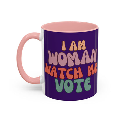 I Am Woman Watch Me Vote Dark Purple Accent Mug by theGreenDragonTavern.shop