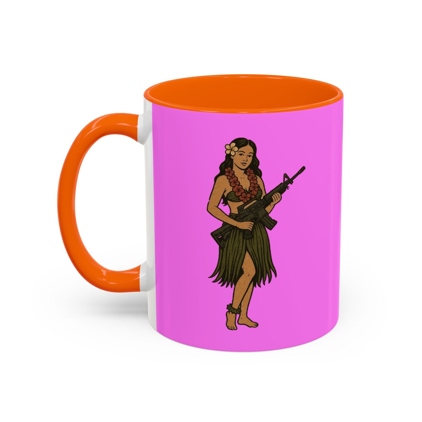Hula Girl Packin' Heat Pink Accent Mug by theGreenDragonTavern.shop