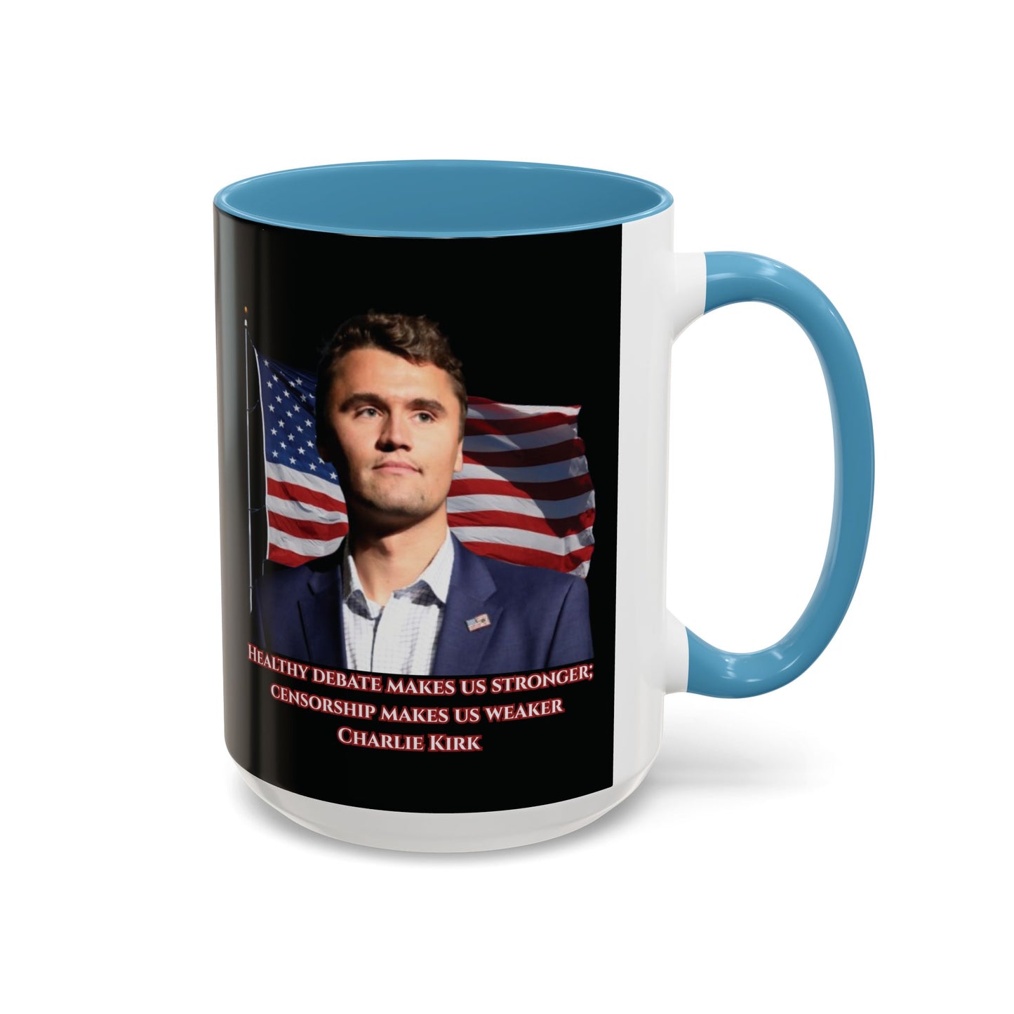 Charlie Kirk, Healthy Debate Black Accent Mug by theGreenDragonTavern.shop