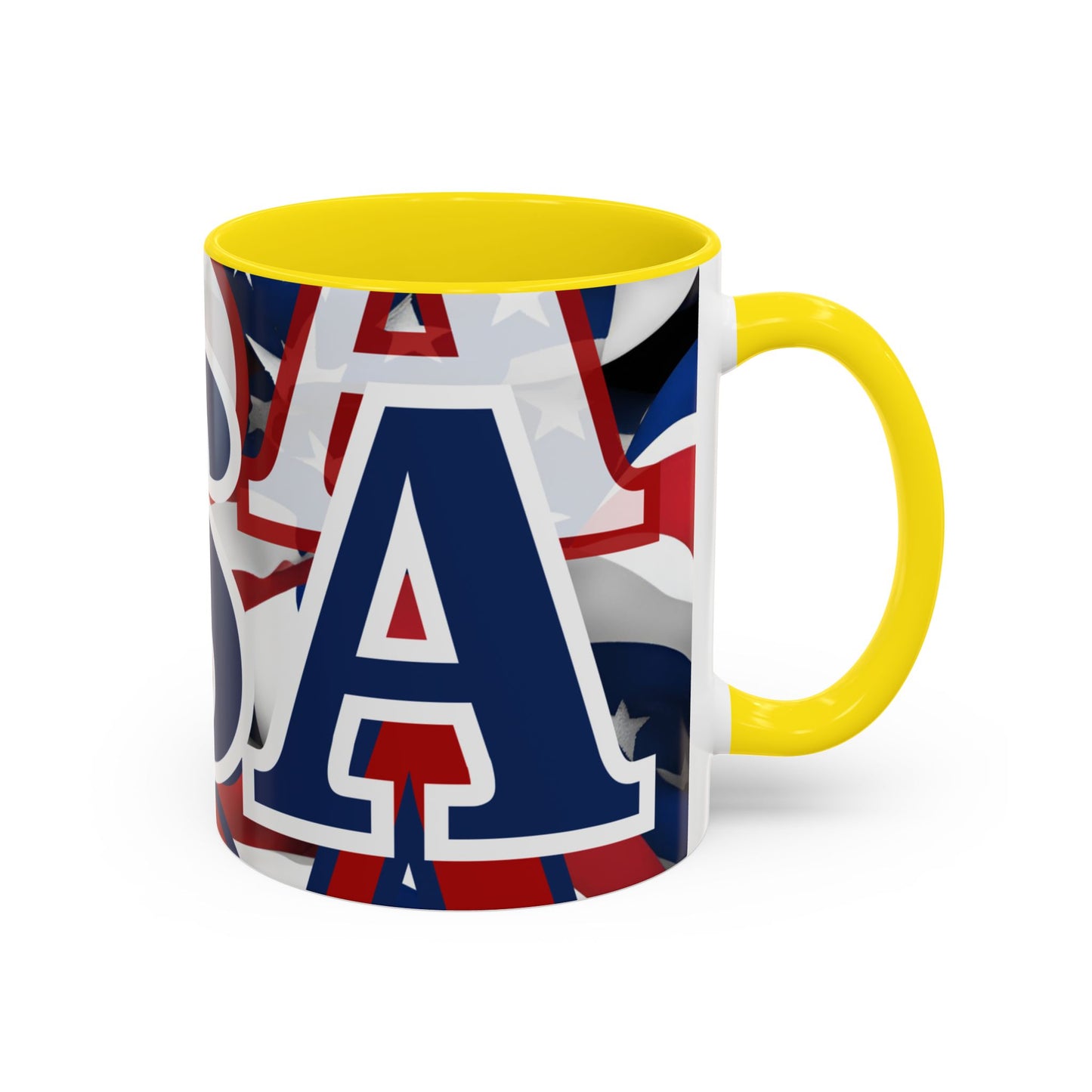 USA! USA! USA Blue font Patriot White Accent Mug by theGreenDragonTavern.shop