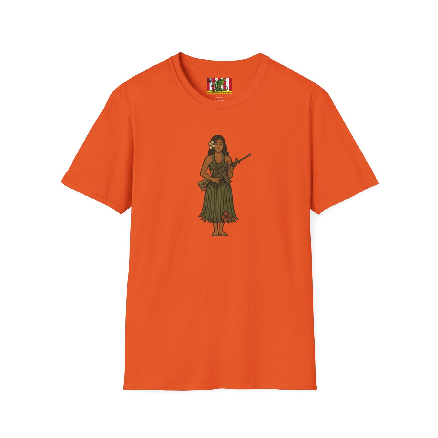 2-sided, Hula Girl Packin' Heat Light colors Unisex T-Shirt by theGreenDragonTavern.shop
