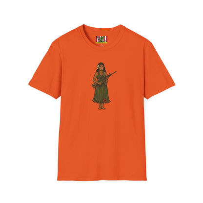 2-sided, Hula Girl Packin' Heat Light colors Unisex T-Shirt by theGreenDragonTavern.shop