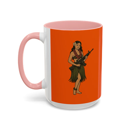 Hula Girl Packin' Heat Orange Accent Mug by theGreenDragonTavern.shop