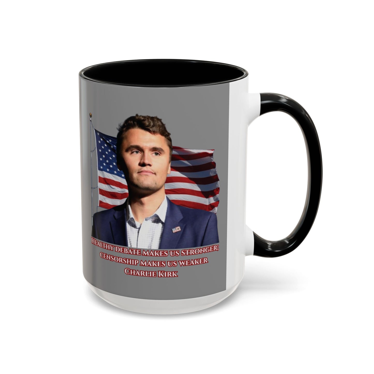 Charlie Kirk, Healthy Debate Grey Accent Mug by theGreenDragonTavern.shop