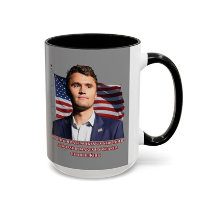 Charlie Kirk, Healthy Debate Grey Accent Mug by theGreenDragonTavern.shop