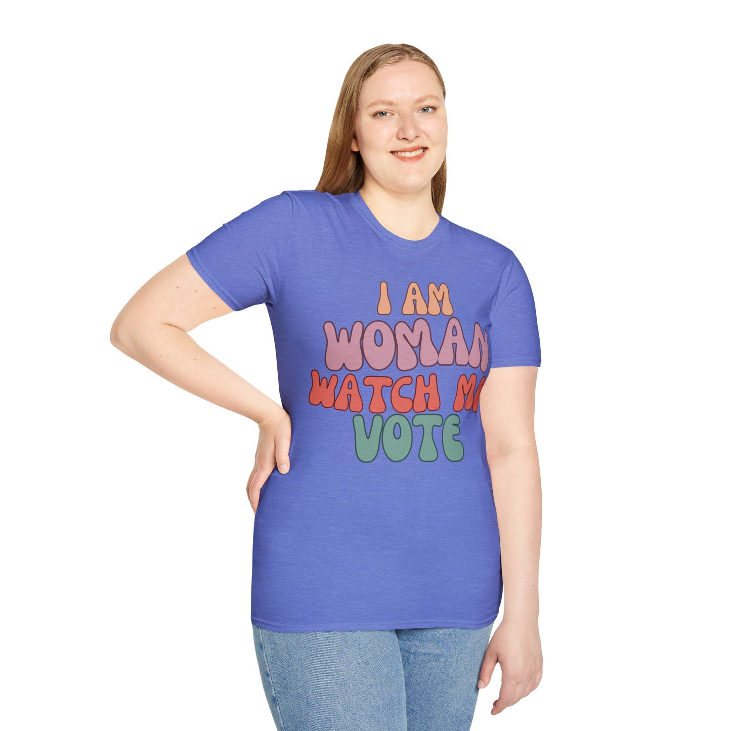 2-sided, I Am Woman Watch Me Vote Light colors Unisex T-Shirt by theGreenDragonTavern.shop