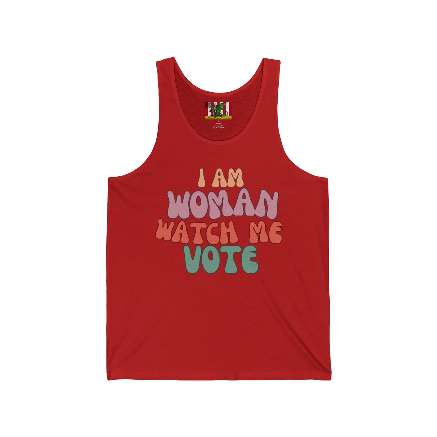 2-sided, I Am Woman Watch Me Vote Unisex Jersey Tank Top by theGreenDragonTavern.shop