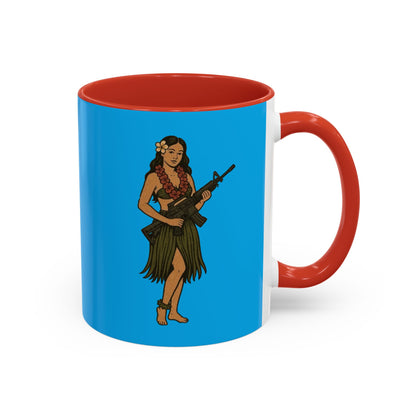 Hula Girl Packin' Heat Light Blue Accent Mug by theGreenDragonTavern.shop