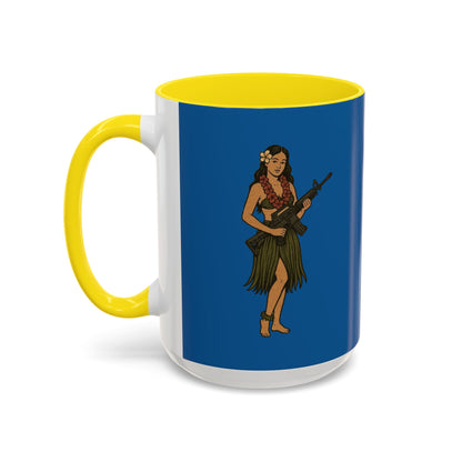 Hula Girl Packin' Heat Dark Blue Accent Mug by theGreenDragonTavern.shop