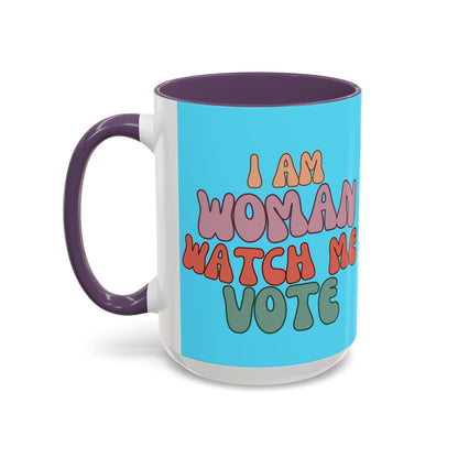 I Am Woman Watch Me Vote Light Blue Accent Mug by theGreenDragonTavern.shop