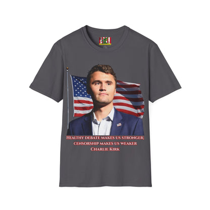 Charlie Kirk, Healthy Debate Dark colors Unisex T-Shirt by theGreenDragonTavern.shop