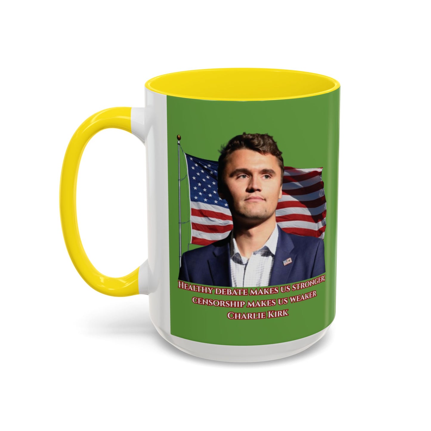 Charlie Kirk, Healthy Debate Green Accent Mug by theGreenDragonTavern.shop