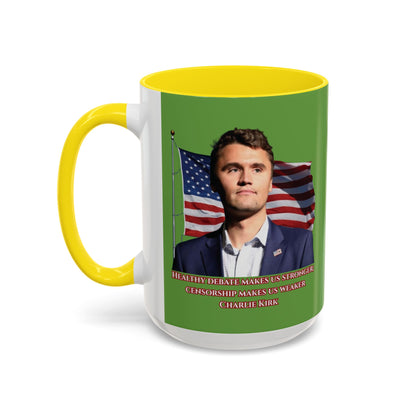 Charlie Kirk, Healthy Debate Green Accent Mug by theGreenDragonTavern.shop