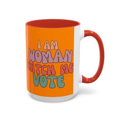 I Am Woman Watch Me Vote Orange Accent Mug by theGreenDragonTavern.shop
