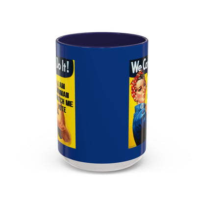 I Am Woman Watch Me Vote Rosie Dark Blue Accent Mug by theGreenDragonTavern.shop
