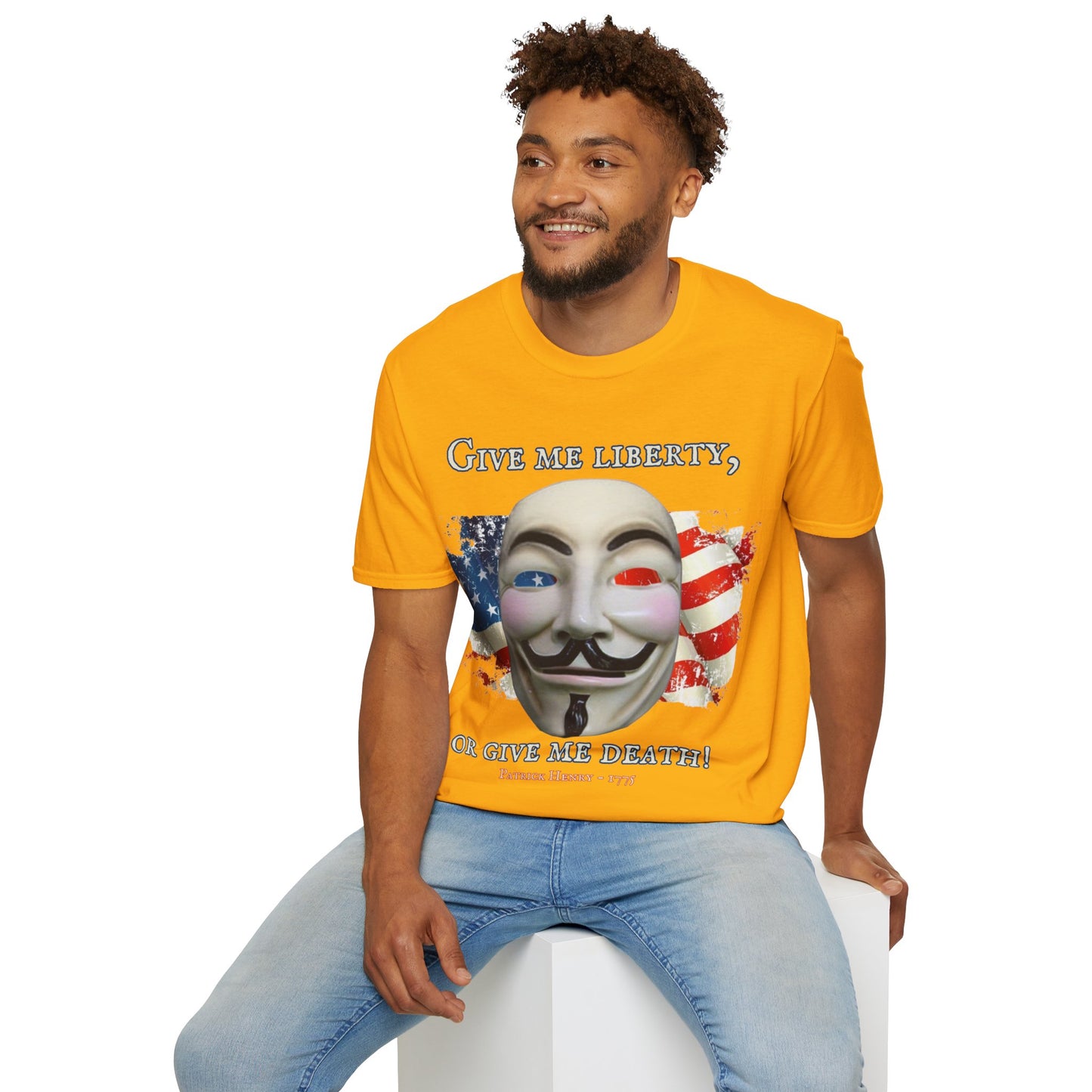 Vendetta, "Give me liberty, or give me death!" Light colors Unisex T-Shirt by theGreenDragonTavern.shop