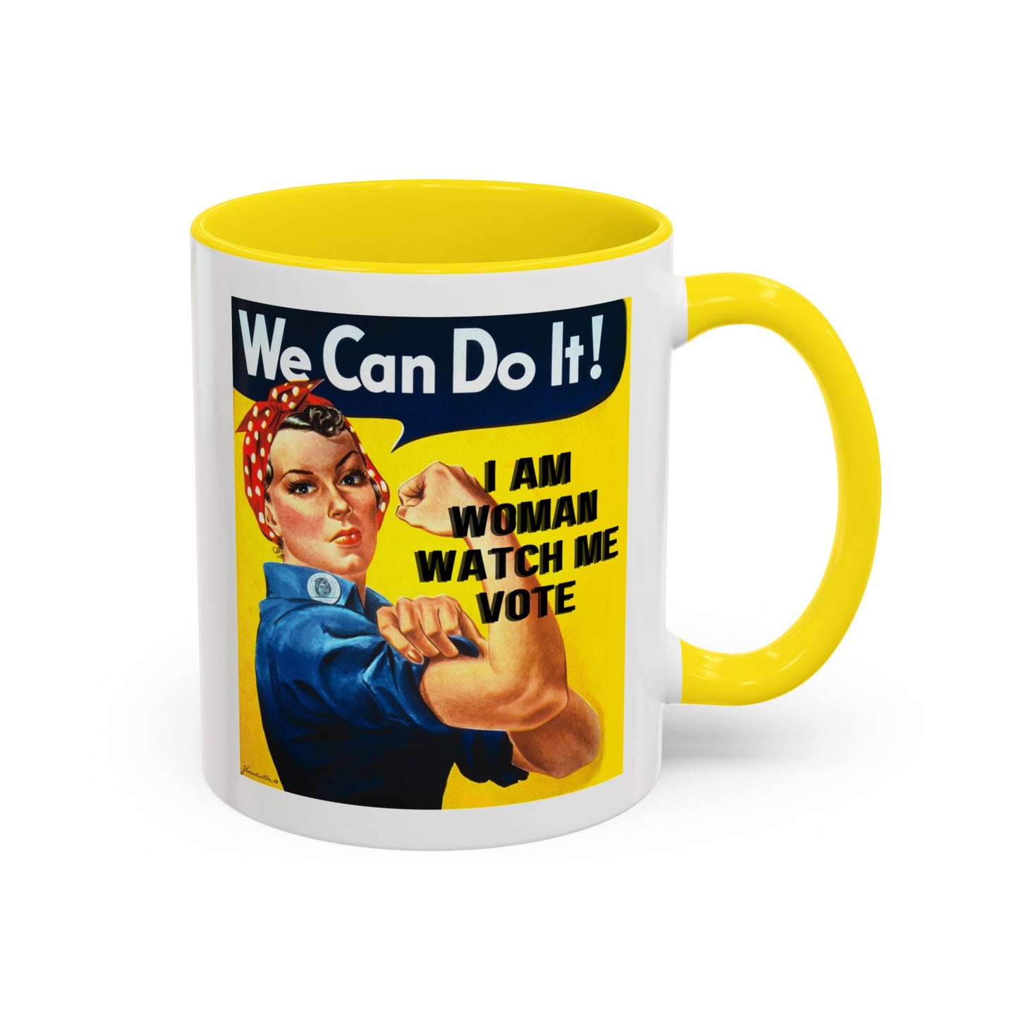 I Am Woman Watch Me Vote Rosie White Accent Mug by theGreenDragonTavern.shop