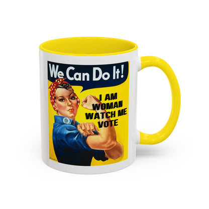 I Am Woman Watch Me Vote Rosie White Accent Mug by theGreenDragonTavern.shop