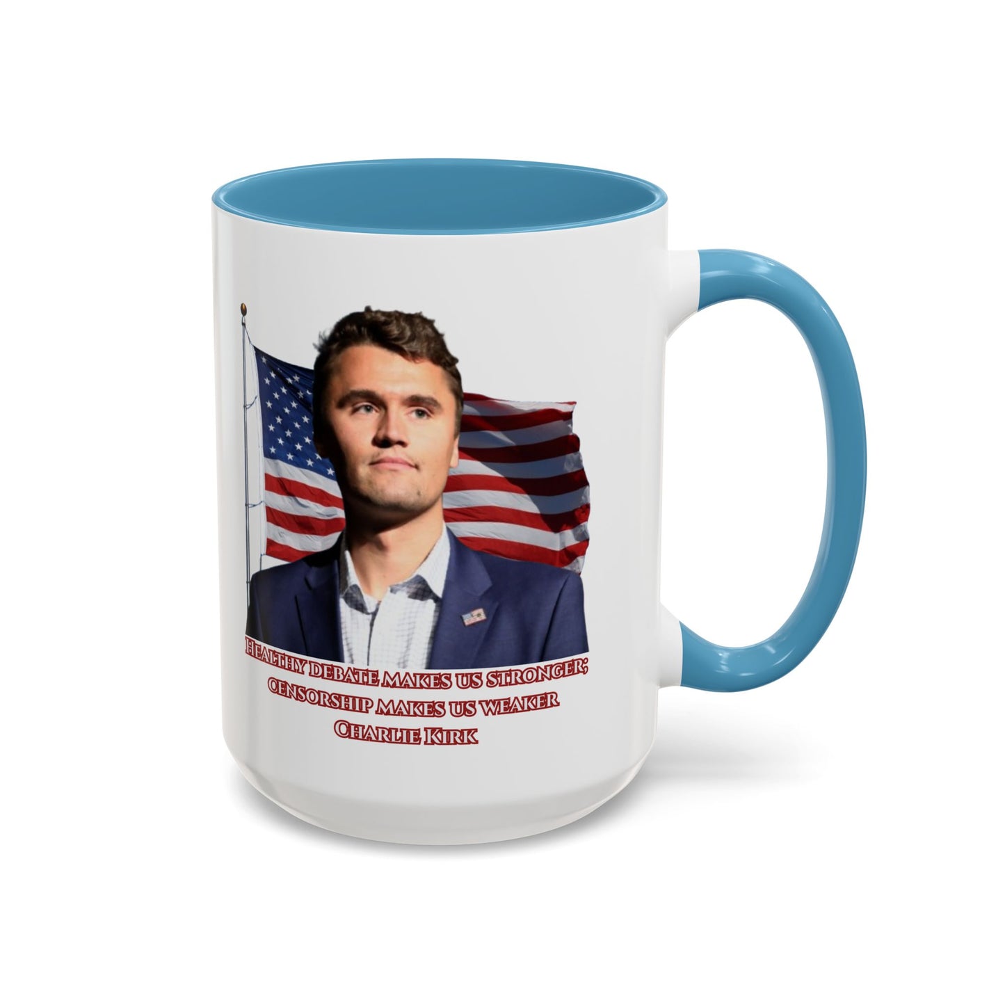 Charlie Kirk, Healthy Debate White Accent Mug by theGreenDragonTavern.shop