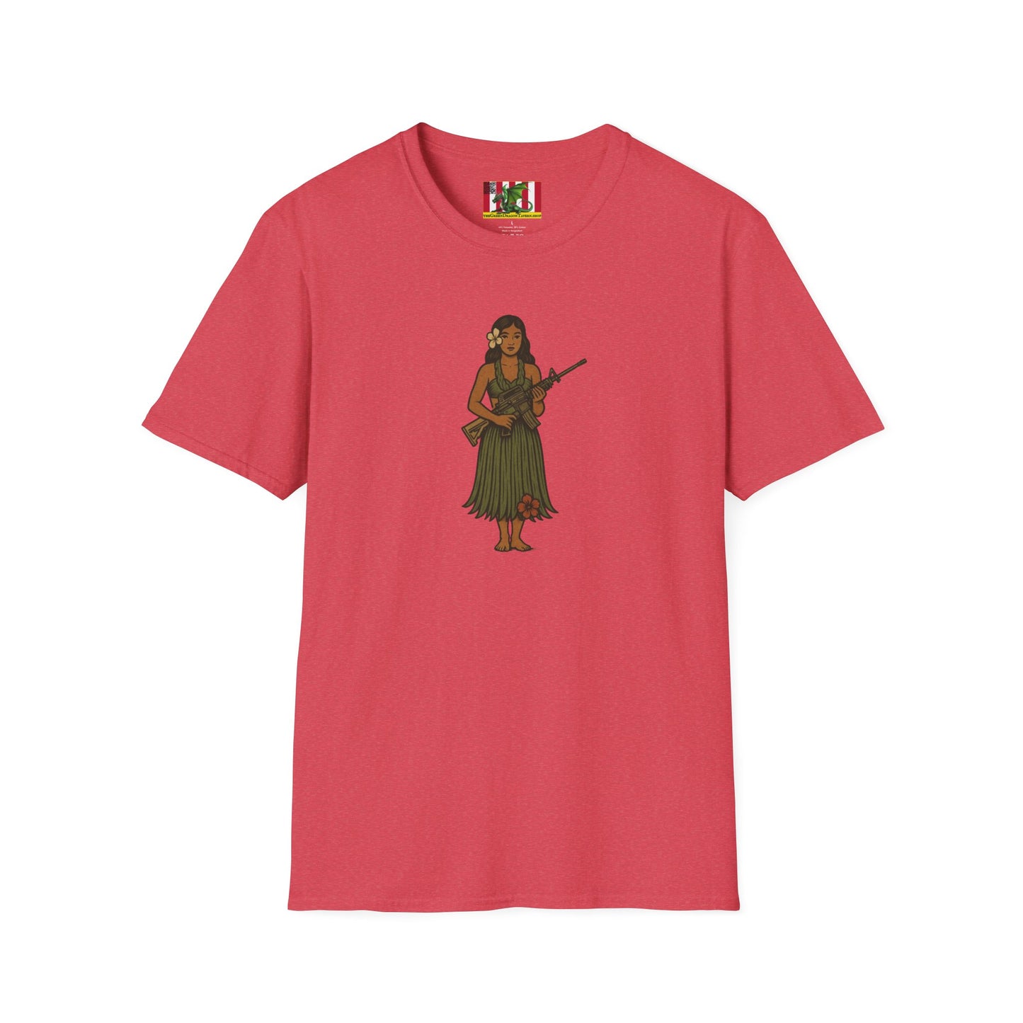 2-sided, Hula Girl Packin' Heat Light colors Unisex T-Shirt by theGreenDragonTavern.shop