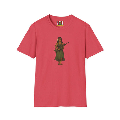 2-sided, Hula Girl Packin' Heat Light colors Unisex T-Shirt by theGreenDragonTavern.shop