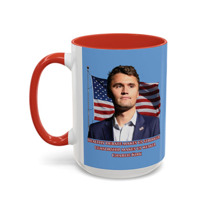 Charlie Kirk, Healthy Debate Light Blue Accent Mug by theGreenDragonTavern.shop